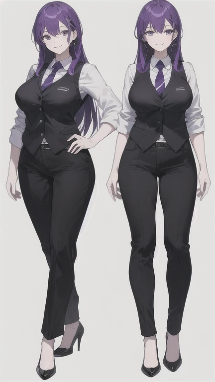 Purple hair woman,long hair,bartender,black vest,shirt,tie,slightly larger breasts,pants,high heels,all,simple background,smile,whole body,full body,full body,Standing picture,vtuber,front,from front,viewer&#39;perspective,視線をfrontに,Standing up straight an...