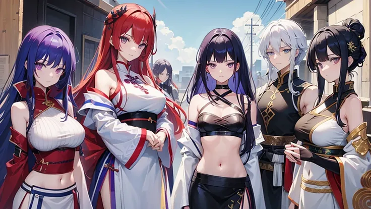 Six people,woman,There is a sense of distance,Sexy off-the-shoulder,Open navel,Hanfu,red hair purple eyes,Blue hair and green eyes,Black hair, blue eyes,White hair and golden eyes,Take a sword,Want to fight