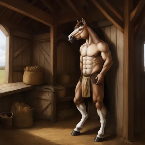 Furry, Antro, Equine, loincloth, hooves, medieval, Brown, White, Solo, barn