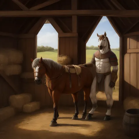 Furry, Antro, Equine, loincloth, hooves, medieval, Brown, White, Solo, barn