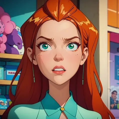 sam \(totally spies\), orange hair, long hair, green eyes, expressionless, full head