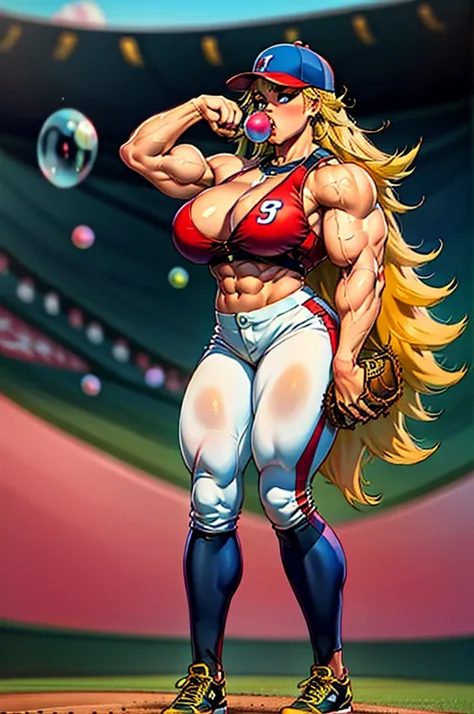 1980s, female, inflating anarchypanty, blonde, blue eyes, makeup, extra long hair, earrings, halo, (blow bubble gum:1.2), (Baseball blue and gold uniform with pants), (blue and gold baseball cleats), (wearing bright red baseball batters cap), (big breasts:...