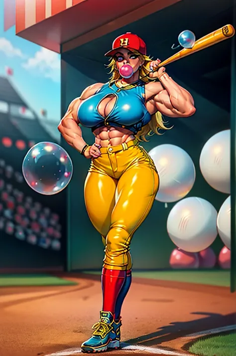 1980s, female, inflating anarchypanty, blonde, blue eyes, makeup, extra long hair, earrings, halo, (blow bubble gum:1.2), (Baseball blue and gold uniform with pants), (blue and gold baseball cleats), (wearing bright red baseball batters cap), (big breasts:...