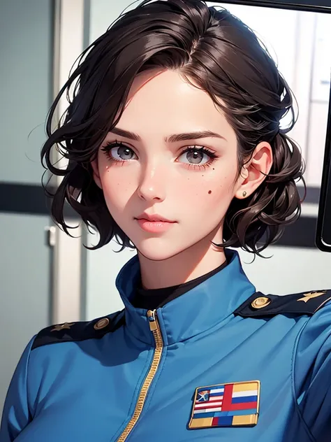 girl wearing air force pilot uniform, top shot,((Selfie)), random background, kiss, Fair, French short curly hair, There is a tear nevus under the left eye, medium breasts, Mole on upper left chest, Flirting look, ((Very detailed)), (Perfect facial details...