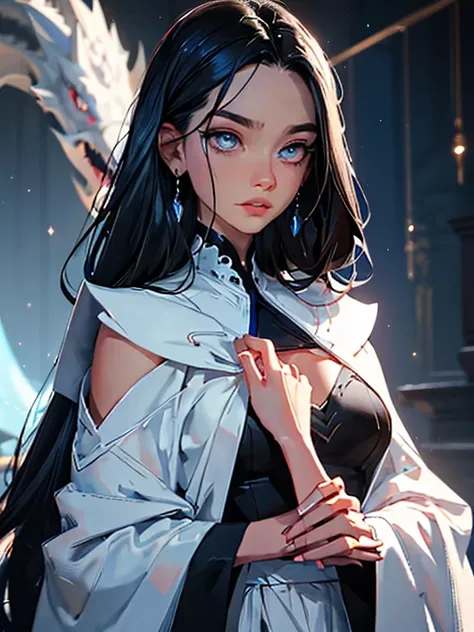 Art can be realized. Woman with jet black hair, cascading down her shoulders、Her beautiful, Exquisitely drawn anime faces, Shining in the movie lights. Her fair skin and natural cheeks、Silver Dragon Scale, rough skin. Her deep, Anatomically correct eye, Sh...