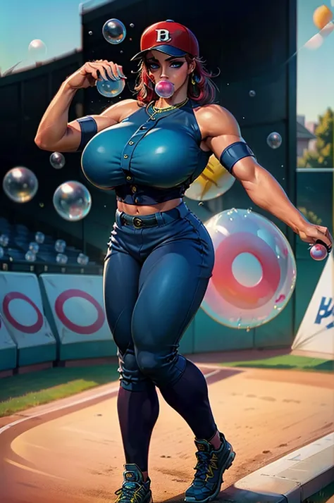 1980s, female, inflating JordanCarver, red hair, blue eyes, makeup, extra long hair, earrings, halo, (blow bubble gum:1.2), (Baseball blue and gold uniform with pants), (blue and gold baseball cleats), (wearing bright red baseball batters cap), (big breast...