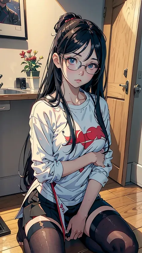 Anime girl with glasses sitting on the floor in a room, realistic anime art style, seductive anime girl, beautiful anime high school girl, anime girl squatting, realistic anime art style, anime moe art style, realistic young anime girl, beautiful anime gir...