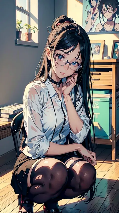 Anime girl with glasses sitting on the floor in a room, realistic anime art style, seductive anime girl, beautiful anime high school girl, anime girl squatting, realistic anime art style, anime moe art style, realistic young anime girl, beautiful anime gir...