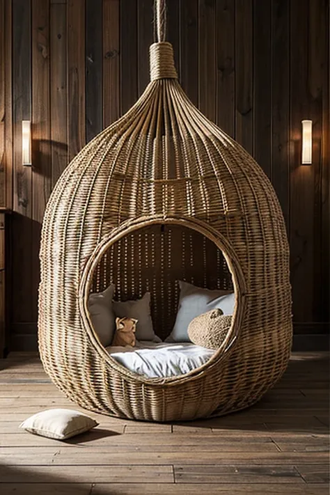 a snug and charming cat nest crafted from natural materials like woven rattan, soft faux fur lining the interior for comfort, a curved dome-shaped design with a wide entrance, adorned with playful dangling toys, evoking a sense of security and coziness, Sc...