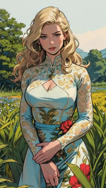 masterpiece,extremely beautiful woman,highly detailed beautiful face,big eyelahes,minimum waist,midi soft dress, straight blonde hair,excellent sense,American Comics,(((The Perfect One Woman))),(((one person))),colorful,highly detailed body,florish garden ...