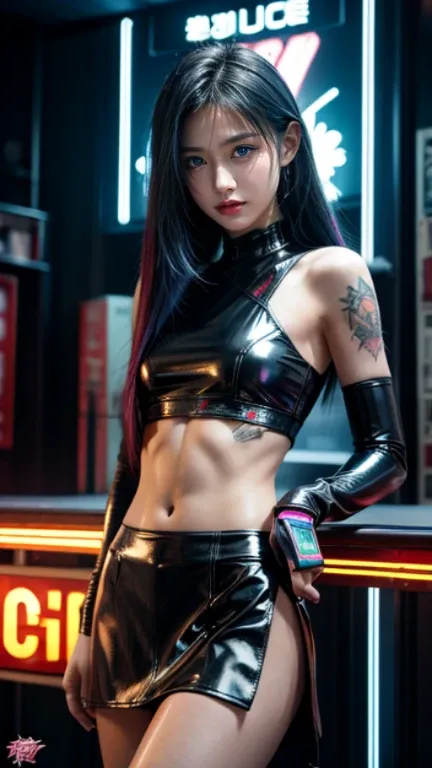 1 girl,Imagine a young girl in a cyberpunk atmosphere....,She has striking colored hair...., For example:::, neon blue or dark red.,In your eyes, Add a touch of cybernetics or futuristic contact lenses that reflect the essence of advanced technology....,Ba...