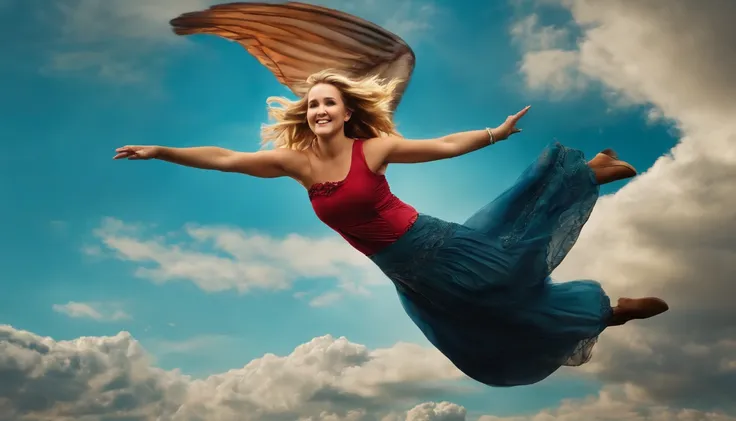 Emily Osment flying happily and gracefully in the sky 