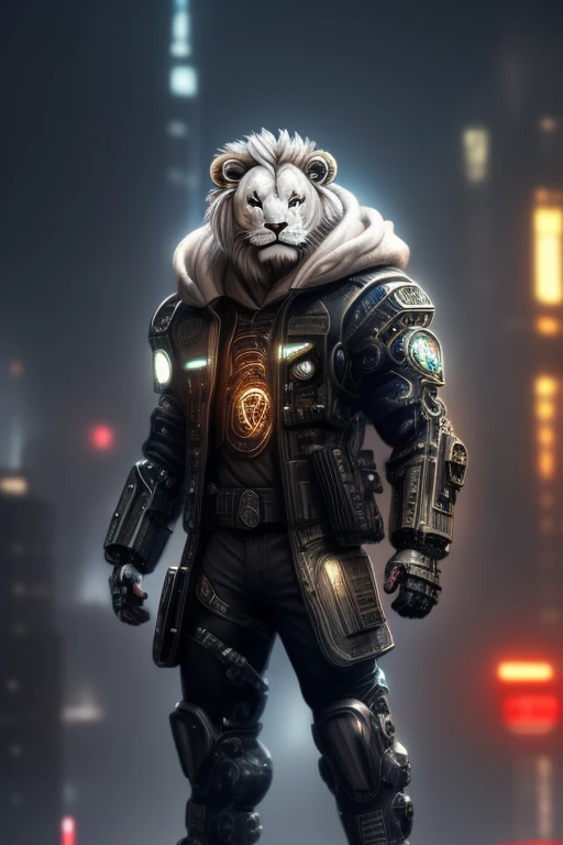 a cyborg chinese (lion:1.1), furry, kemono, anthro, solo, standing, hands in pockets, mechanical boots, mechanical arms, mechanical parts, hoodie, proud, looking afar, detailed face, detailed eyes, rooftop, city below, city lights, BREAK, illustration, cyb...