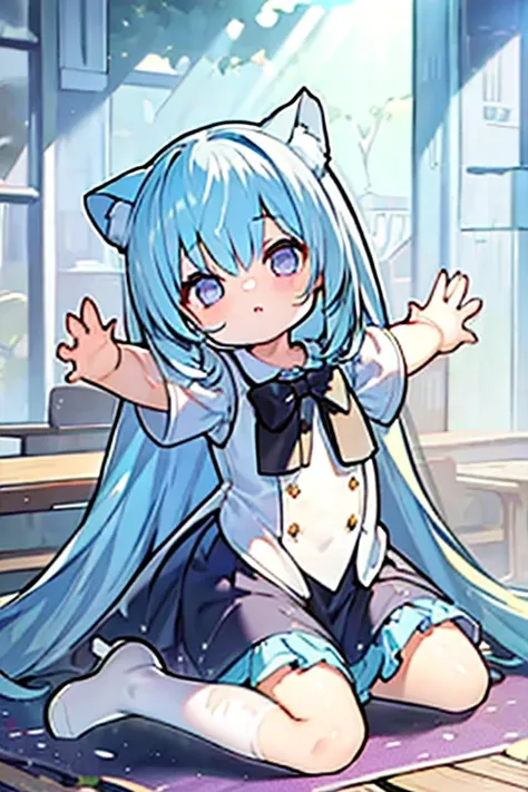 (solo:1.2)),loli, cute girl sitting,(kneeling),long skirt,from above,looking up,aqua hair,long hair,(hair over one eye),(dappled sunlight:1.2),blurry,(depth of field:1.1),head tilt,paw pose, frilled dirndl, nekomimi