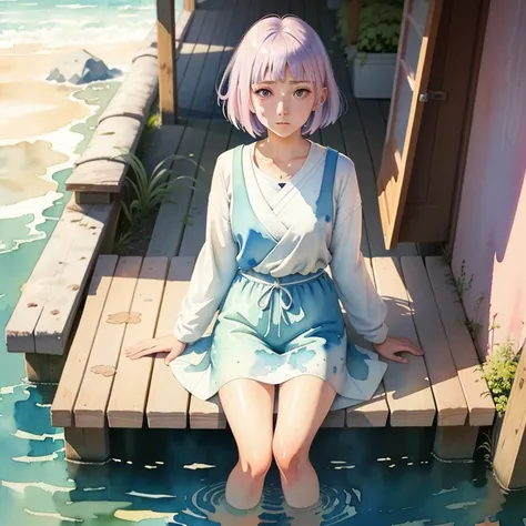 ( watercolor : 1.5 ), sunlight , full body image ((wet)), ((Hinata Hyuuga:1.5 from Naruto)), dynamic positioning, (detailed face), The vicissitudes of the discerning eye, Wrinkles, Calm old man meditating by the lake, An abandoned research center on a remo...