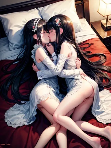 ((highest quality)), ((masterpiece)), (NSFW)、Sleeping Girl、two people、long black hair、Maid clothes、No panties、white stockings、on the bed、Kneeling、lily、Hug each other、to kiss