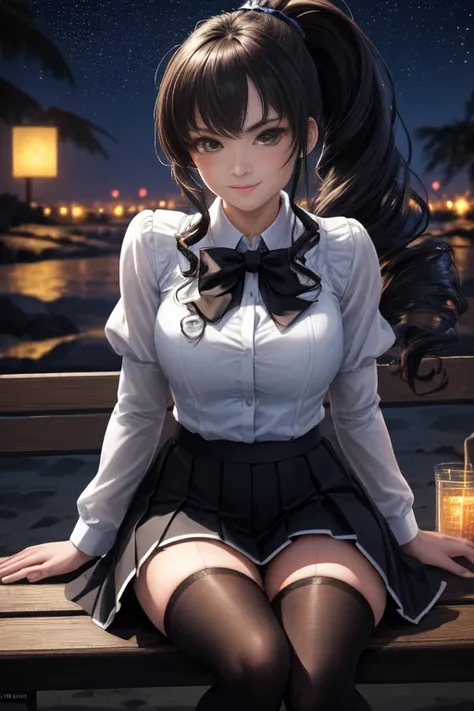 height, very detailed, (1 girl:1.3), (dynamic gesture):1.0 Breaks, 1 An extremely beautiful and charming anime girl sits on a park bench at night., Wear a white collared shirt and a knee-length pleated skirt., (black stockings), She has black curly ponytai...