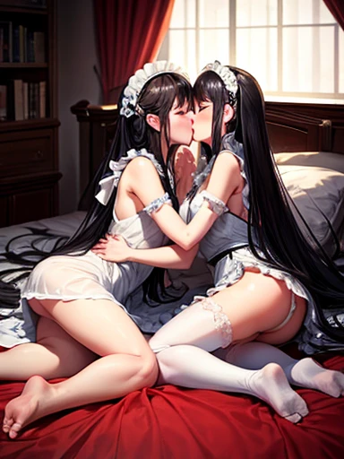 ((highest quality)), ((masterpiece)), (NSFW)、Sleeping Girl、two people、long black hair、Maid clothes、No panties、white stockings、on the bed、Kneeling、lily、Hug each other、to kiss