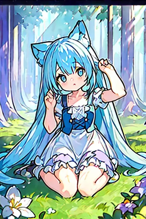 (solo:1.2)),loli, cute girl sitting,(kneeling),long skirt,from above,looking up,aqua hair,long hair,(hair over one eye),(dappled sunlight:1.2),blurry,(depth of field:1.1),head tilt,paw pose(touch cheeks), frilled dirndl, nekomimi