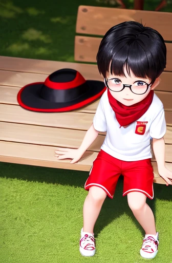 A Chinese  4yr old boy, in boy scout uiform shorts, short sleeve shirt and red scarf, cap, super detailed, cute, white , with thin glasses, and black hair, full body, detailed, hyperealistic, sittig on bench smiling,