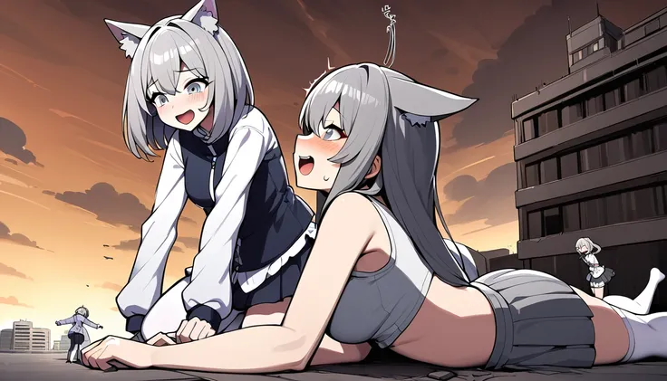 Two huge，Two teenage girls，short skirt，teasing，Two giant girls taller than the building，Wearing white stockings，Lying on his stomach，Face down，arrogant，Laughing，Toyed around，shrouded in the villain，arrogant巨大的，gray hair，Gray cat ears，Two teenage girls，shor...