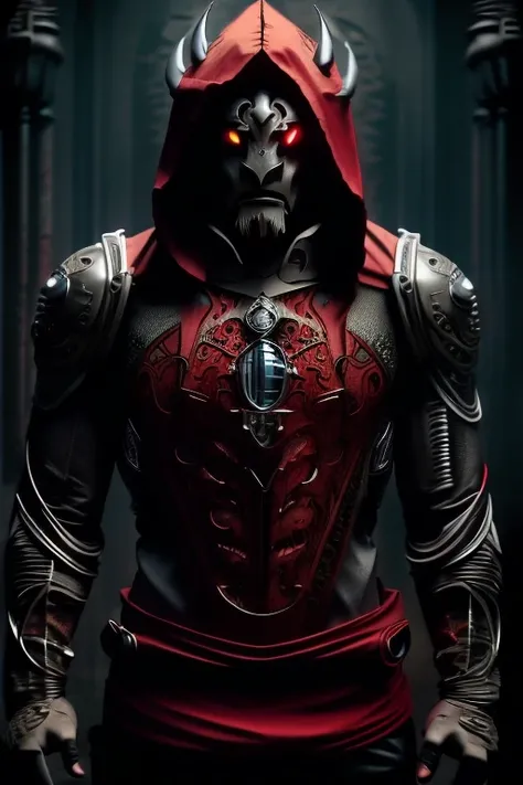 a loin, red shirt with black hoodie, hands in pocket, white skin, glowing red eyes, solo, mechanicl legs, dark night, city fire, red horns, looking like a devil, intricate details, 8k lion details, front two tooth show in face, arc reactor front chest, fir...