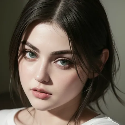 Close-up photo of a frances bean cobain, green eyes, wearing a white t-shirt, photorealistic, high contrast, 8k HD, detailed, hyper-detailed, realistic skin texture, best quality, ultra high res, raw photo, dramatic lighting, unreal engine, (Masterpiece:1....