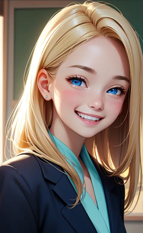 (realistic：1.4、​masterpiece、top-quality、8k size wallpaper、offcial art)、(portrait,upper body:1.6)、(1girl),(grin,Open mouth:1.3),(half closed eyes),cute face,blue eyes、()、
,(stand),(Shining smile),(round face:1.3),
,(slender),(school uniform),(long fluoresce...