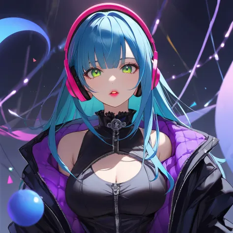 A young and very sexy and beautiful adult woman with large green eyes, long Blue hair. Impeccably make up with red lipstick, dark eyeshadow accentuating her bright eyes. Shes dressed in an gothic open jacket thats slightly oversized, wearing a black shirt ...