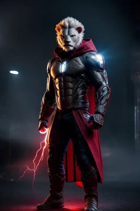 a loin, red shirt with black hoodie, hands in pocket, white skin, glowing red eyes, solo, mechanicl legs, dark night, city fire, red horns, looking like a devil, intricate details, 8k lion details, front two tooth show in face, arc reactor front chest, fir...