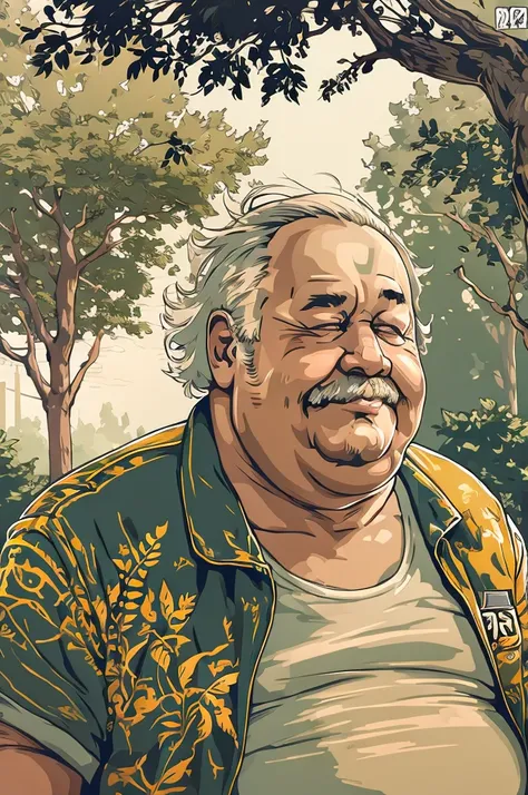 portrait, fat  old man in park, happy  , vector, mwvector, summer, fat, t-shirt 