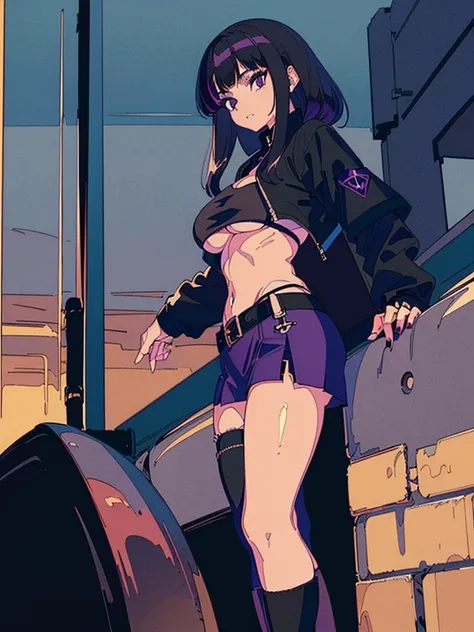 1990s, (masterpiece), high-definition, detailed face, cute girl, abs, (big tits: 1.4) big hips, round ass, (black hair with dark purple highlights: 1.4), (tight grey t-shirt: 1.4), (black jacket: 1.4), (purple tight skirt: 1.3), belt, (black thong: 1.2), t...