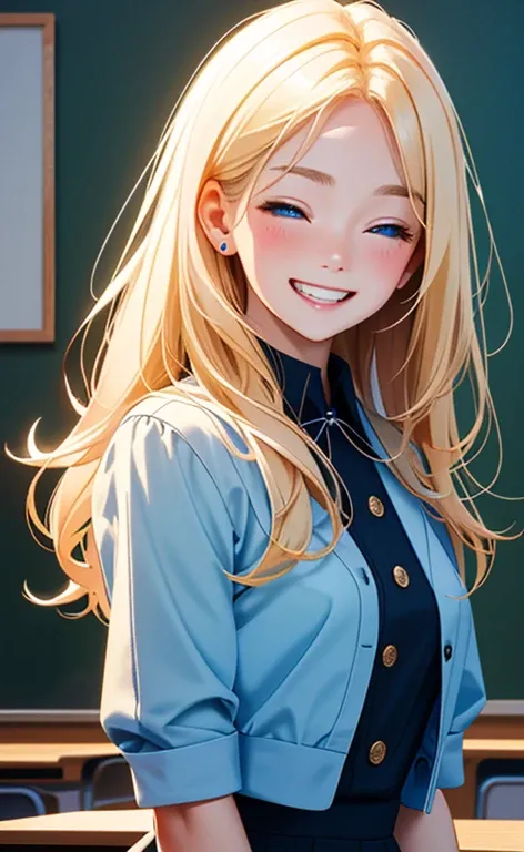 (realistic：1.4、​masterpiece、top-quality、8k size wallpaper、offcial art)、(portrait,upper body:1.6)、(1girl),(grin,Open mouth:1.3),(half closed eyes),cute face,blue eyes、()、
,(stand),(Shining smile),(round face:1.3),
,(slender),(school uniform),(long fluoresce...