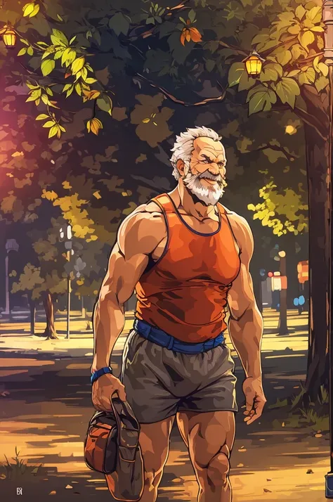 muscular old man in park, happy, vector, mwvector, summer, tank top and shorts, best quality, ultra-detailed, realistic, portraits, vivid colors, bokeh, warm tones, soft lighting