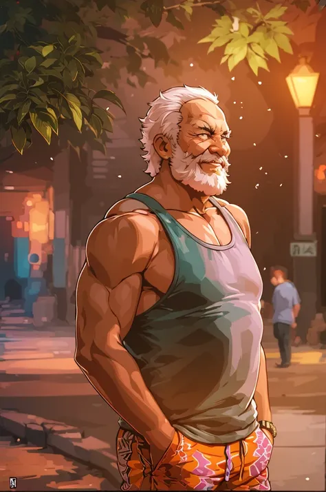 muscular old man in park, happy, vector, mwvector, summer, tank top and shorts, best quality, ultra-detailed, realistic, portraits, vivid colors, bokeh, warm tones, soft lighting