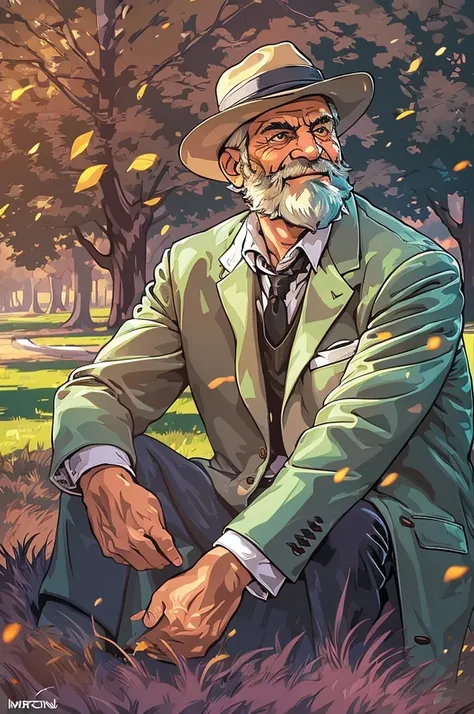 (portrait,elderly man:muscular,hairstyle:white hair,beard,smiling eyes,facial wrinkles), (background:park,green grass,trees,sunl...