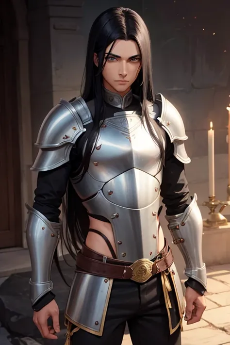 Male human, Indian, slim, toned, long black hair, hazel-green eyes. Wearing steel full-plate armor with helm.