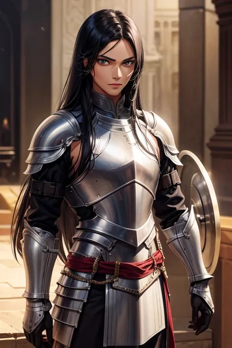 Male human, Indian, slim, toned, long black hair, hazel-green eyes. Wearing steel full-plate armor with helm.