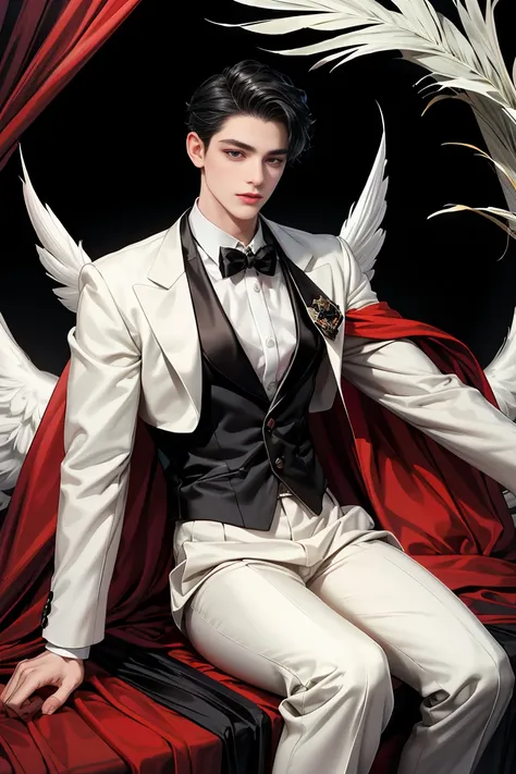 
masterpiece, 最high quality, high quality, 1 boy, alone, male focus, looking at the viewer,  Messy black hair, blue adorable big eyes, white people, Noble, Noble, beautiful angel、Big Feather、The tuxedo was accompanied by a very large, very large, very long...