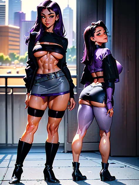 1990s, (masterpiece), high-definition, detailed face, cute girl, abs, (big tits: 1.4) big hips, round ass, (black hair with dark purple highlights: 1.4), (tight grey t-shirt: 1.4), (black jacket: 1.4), (purple tight skirt: 1.3), belt, (black thong: 1.2), t...