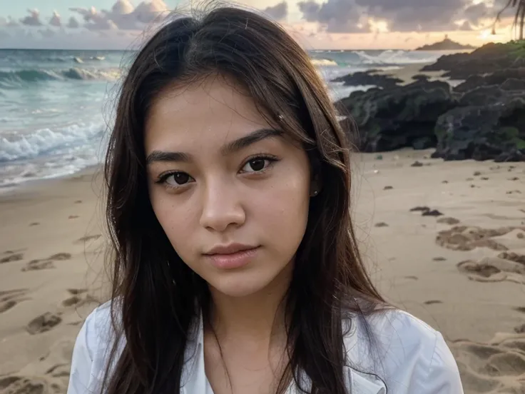 ((best quality)), ((masterpiece)), (detailed), perfect face, Nordic and Asian mixed race, young woman, on the beach in Hawaii