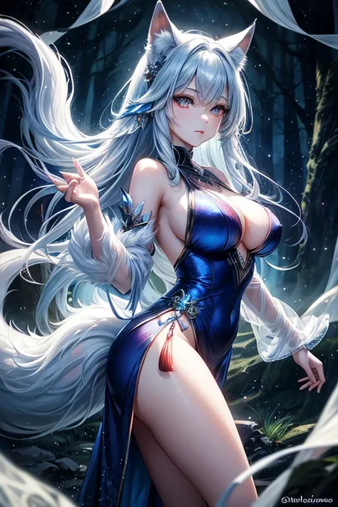 Intriguing fox spirit with mesmerizing eyes, ethereal beauty, and an air of mystique. Delicate fur patterns cascade in rich hues while the tails gracefully sway. Captivating forest background with enchanting lighting, evoking a sense of otherworldly magic....