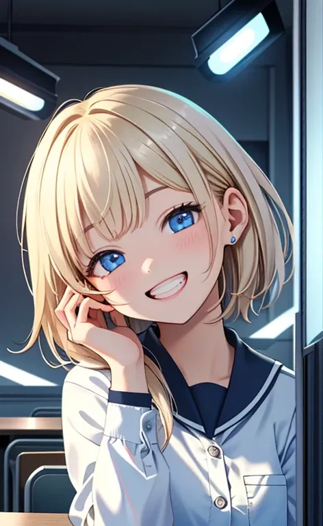 (realistic：1.4、​masterpiece、top-quality、8k size wallpaper、offcial art)、(portrait,upper body:1.6)、(1girl),(grin,Open mouth:1.3),(half closed eyes),cute face,blue eyes、(stretch out your index finger)、
,(stand),(Shining smile),(round face:1.3),
,(slender),(sc...