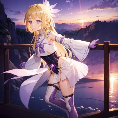 (very detailed cg), (highest quality), 1 girl,alone, gray eyes,long hair, blonde hair,purple dress,wide white sleeves,purple rib...