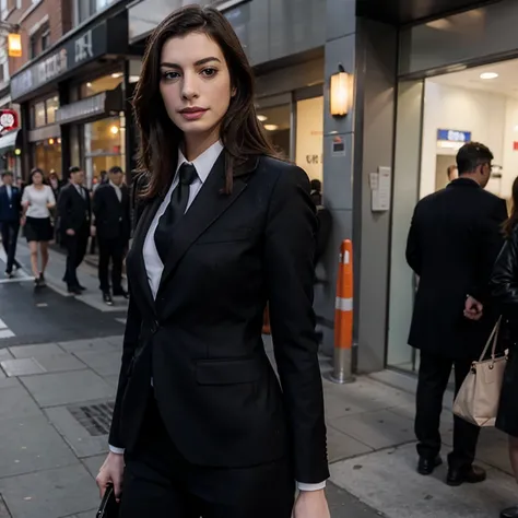 Anne Hathaway dressed in elegant suit and tie