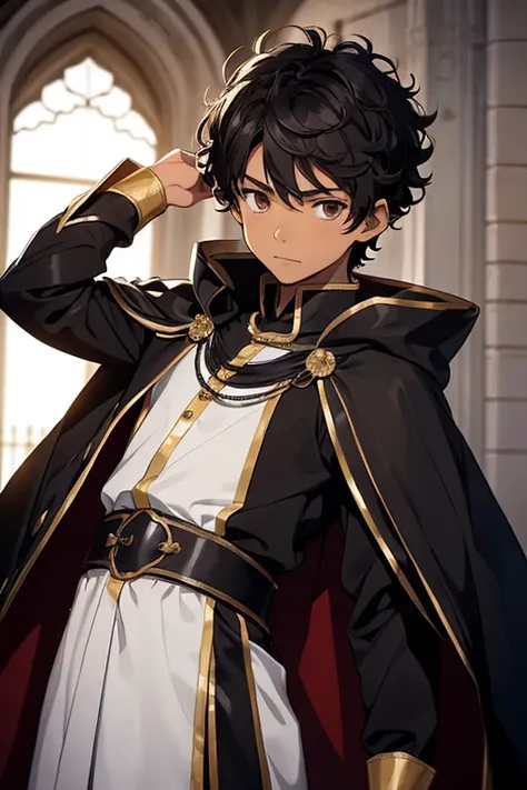 (boy1), (anime), (alone), young teenager aged 16, height 1.76, dark brown skin, short curly black hair, brown eyes, (wearing), +, an emperors outfit consisting of a costume with a shiny black cape, and a white 14th century outfit