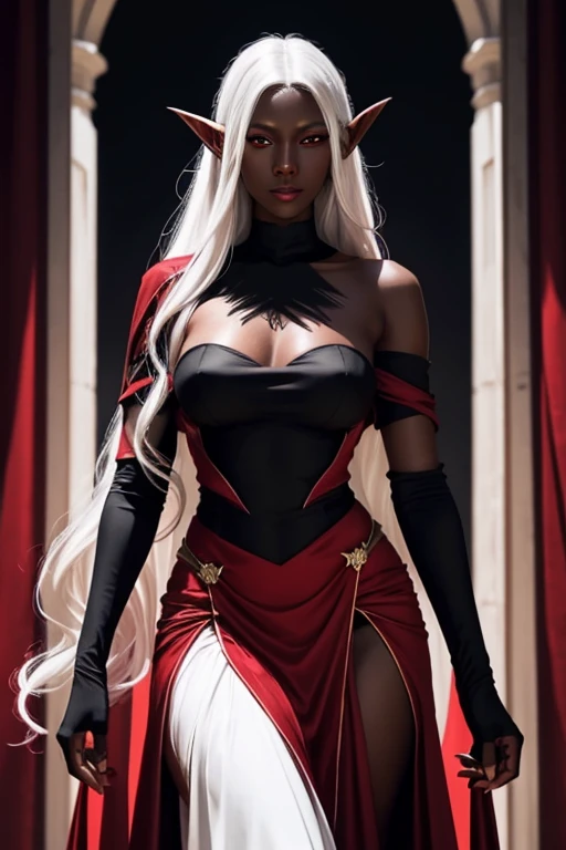 Drow Elf woman, 6 tall. red eyes, medium breasts, jet black skin. Appears 25 years old. Long, wavy white hair. wearing an elegant red evening gown.