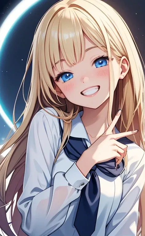 (realistic：1.4、​masterpiece、top-quality、8k size wallpaper、offcial art)、(portrait,upper body:1.6)、(1girl),(grin,Open mouth:1.3),(half closed eyes),cute face,blue eyes、(stretch out your index finger:1.5)、
,(stand),(Shining smile),(round face:1.3),
,(slender)...