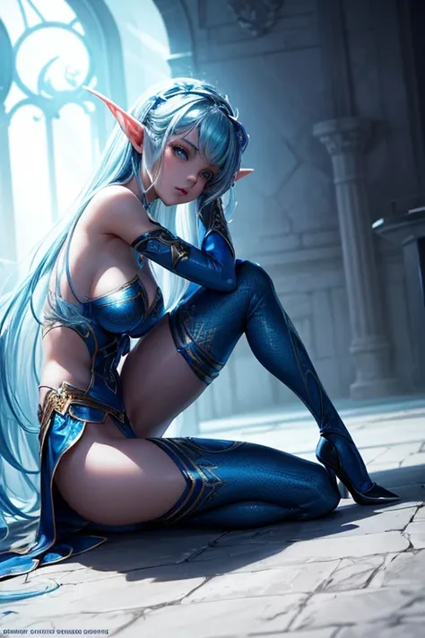 Arad woman in blue body painting poses for photos, crouching pose, hands holding her head, legs open, extremely detailed leg details, high heels, rendered with SFM, blue tieflin, blue skin, blue scales covering her chest, blue elf, beautiful succubus, glow...