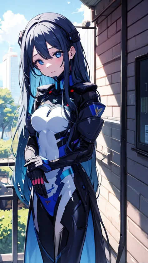 strengthened_suit, ((masterpiece,highest quality)), 1 girl, (chest,big_chest:0.6),looking at the viewer,anime,poker face,(glamorous),(beautiful detailed face,beautiful,fine eyes:0.1),concept art of a far-future city, Key Visual, Summer day, (very detailed)...